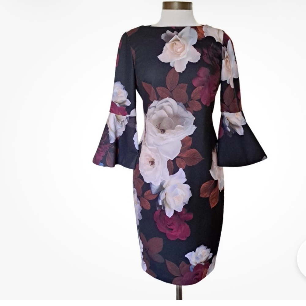 CALVIN KLEIN Black Floral Bell Sleeve Dress 6 NWOT - Picture 2 of 11